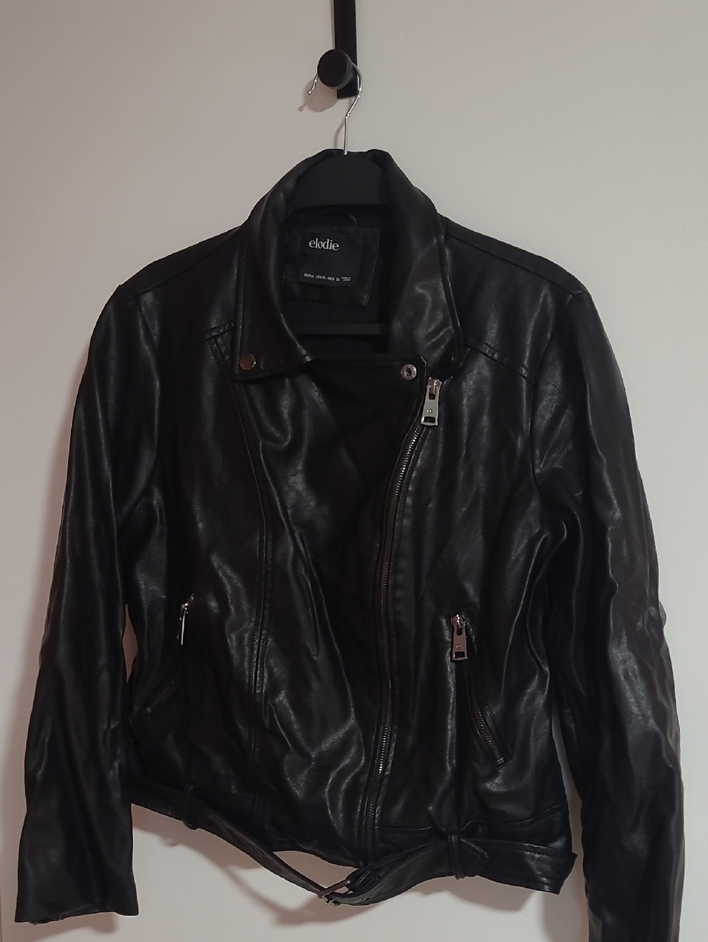 Elodie Black Faux Leather Moto Jacket with Belt